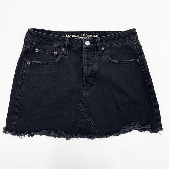 AMERICAN EAGLE Skirt Black Denim Jean Skirt Button Down Fly Mini Short Size 6 - Picture 1 of 12